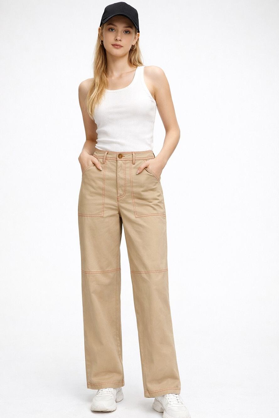 Urban Revivo Khaki High Rise Straight Leg Pants Womens Size 4 New Red Stitching